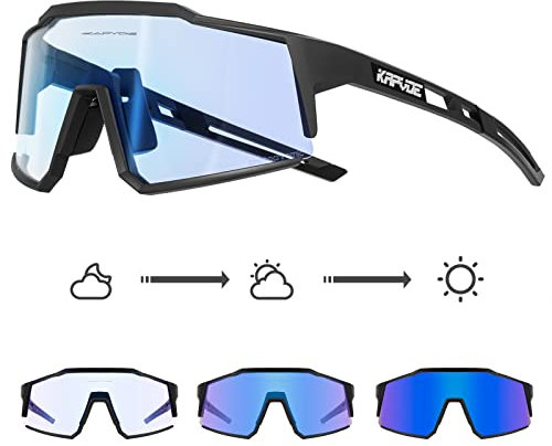 KAPVOE Photochromatische Selbsttönend Fahrradbrille TR90 Rahmen für Herren Damen Klar Sportsonnenbrille Sport Radfahren MTB Radbrille Sportbrille Fahren Baseball Laufen Blau Schwarz 02
