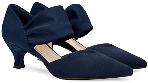 Womens Low Kitten Heel Dress Shoes Pointed Toe Slip on Ankle Strap Cutout Elegant Party Wedding Pumps, Navy, 6 UK