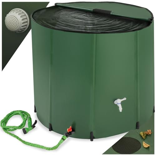 tectake® Collapsible Water Container with Overflow Protection - Weather-Resistant & Rust-Free Water Butt with Protective Grate, Tap & Floor-Safe Plastic Feet, Stable Structure & Quick Setup - 750L