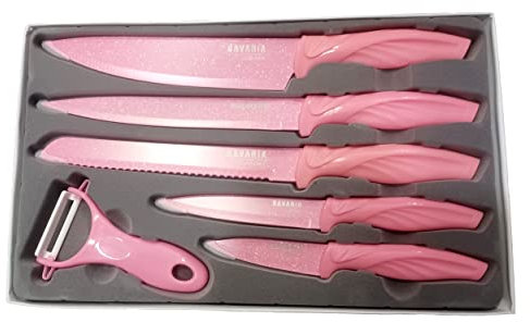 Mamta Bavaria Set 5 Pezzi Coltelli Colorati Rosa più Pelapatate con Lame Rivestite in Ceramica, Set Coltelli Colorati, Set Coltelli da Cucina