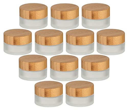 gouveo Lot de 12 pots à crème 30 ml en verre mat avec couvercle en bois – Pot à crème vide à remplir – Petits pots pour crème, cosmétiques, lotion – Parfait pour le voyage et le sac à main (CTM030BM)