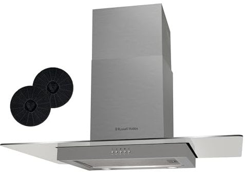 Russell Hobbs 90cm Flat Glass Cooker Hood, 3 Speed Settings, Washable Filters, ECO LED Lights, Low Noise, Extraction and Recirculation, Premium Push Button Controls, Stainless Steel RHFGCH901SS