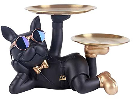 Fiorky Bulldogge Schlüsselhalter Figur mit Palette Harz Tisch Skulptur Eingang Handwerk Süßigkeiten Kleinteile für Zuhause Wohnzimmer, Schwarz - B