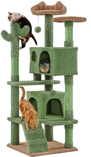 Yaheetech Árbol Rascador para Gatos de Cactus de Felpa 48,5x48,5x138 cm Torre Escalador de Sisal Multiplataforma para 1-3 Gatos Medianos con Cueva Grande Dos Bolas Verde y Marrón