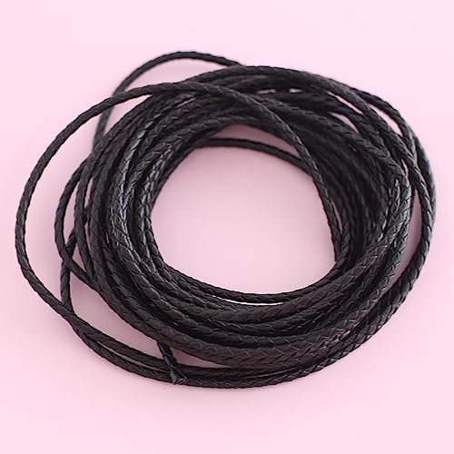 YIEUR 5m geflochtene Lederschnur, Schwarz Leather Cord Chain, 3mm runde Lederriemen, echt Lederband Kette für DIY Handwerk (Black)