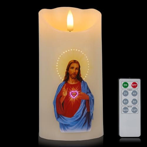 Vela Led con Sagrado Corazón de Jesús, Vela de devoción S.Cuore di Gesù, efecto llama, Vela Devocional con RGB Color, Vela devota con Mando a Distancia, Temporizador, Parafina, Vela de oración