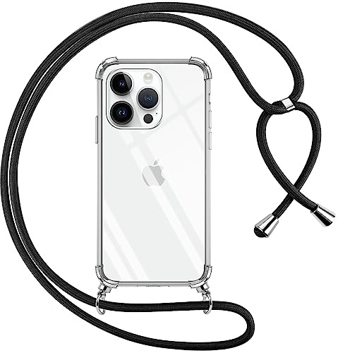 Pnakqil Coque pour iPhone 15 Pro avec Cordon, Transparente Silicone Housse avec Réglable de Collier Anti-Chute Etui pour iPhonePro, Ètuis à Bandoulière, Noir
