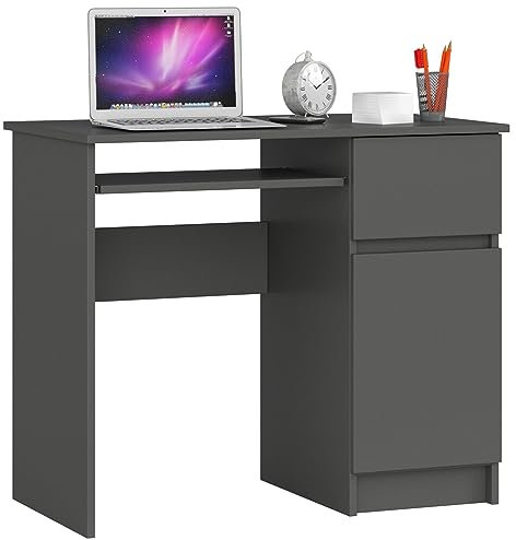 AKORD Piksel Schreibtisch Klein mit Schubladen | Office Desk | Computertisch | Bürotisch mit Tastaturablage | Schublade und Fach mit Tür | B90 x H77 x T50 cm 30 kg | Schrank Rechts | Graphitgrau