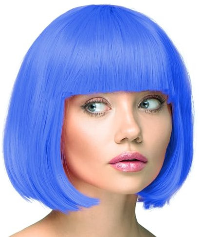 TrendandStylez Bob Perücke unisex, blau, Pagenkopf mit Pony, Damen und Herren Kunsthaar, Wig für Karneval, Fasching, Cosplay