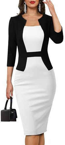 HOMEYEE Damen Vintage 3/4 Ärmel Farbblock Büro Bleistiftkleid Bodycon Split Business Cocktailkleid B784 (L, Weiß)