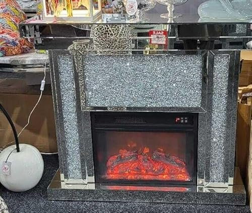 Mirrored Crushed Crystal Diamond Electric Fireplace with Remote Control Front Heat 3 Large Designs 120cm Silver (Modern Crushed)