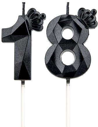 Geburtstagskerzen Zahlen 18 mit Krone,3D Kerzen Geburtstag für Kuchen geburtstagsdeko, Geburtstag Kerzen Zahlen, Geburtstagskerzen Kinder für Partys, Hochzeiten, Firmenfeiern, Jubiläen (Schwarz, #18)