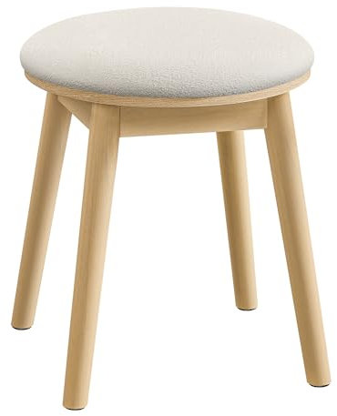 SONGMICS HOME BOHOVEN Kollektion - Schminkhocker, Schminktisch-Hocker gepolstert, Massivholzbeine, Sitzhocker rund, Fußhocker, rutschfeste Fußpads, Boho-Stil, Schlafzimmer, cremeweiß-eichenbeige