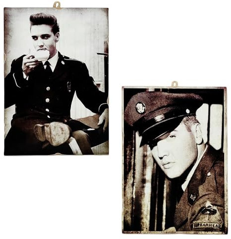 KUSTOM ART 2 Wandbilder Elvis Presley Kaffee und Militär Druck auf Holz 15 x 10 cm.