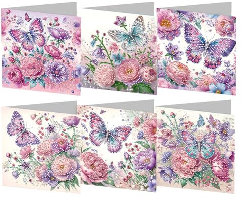 Starnearby DIY Diamond Painting Karten, 6 Stück 5D Diamond Painting Grußkarten, Geburtstagskarten Set Weihnachtskarten, Diamant Painting Blumen Postkarten für Hochzeit Party (Schmetterling)