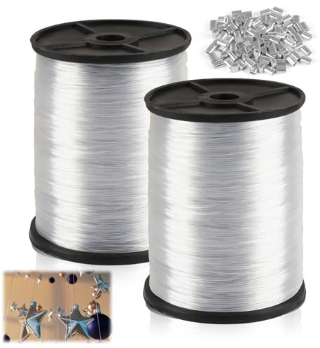 Nylonfaden Transparent Reißfest, 250M Nylonschnur mit 200 Stück Aluminium Crimphülsen, 0,6/0,8mm Angelschnur Starker Nylonschnur Zum Aufhängen, Nylondraht für DIY, Angel, Basteln, Schmuck, Aufhängen