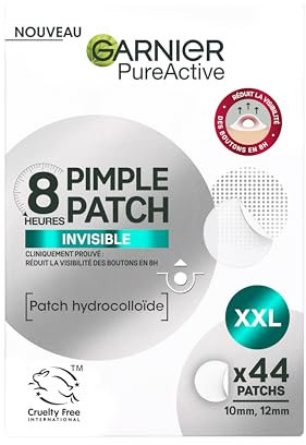 Garnier Blemish Patches, Hydrocolloid patches to reduce the appearance of spots in 8 hours, Ultra-thin & Invisible on all skin tones, Suitable For All Skin Types, Vegan Formula, 44 Patches