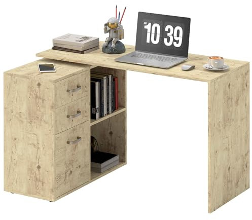 HOMCOM Eck-PC-Schreibtisch mit 2 Schubladen und offenen Fächern, L-förmiger Eckschreibtisch aus Holz und Metall, 117x83,5x76 cm, Farbe Walnuss