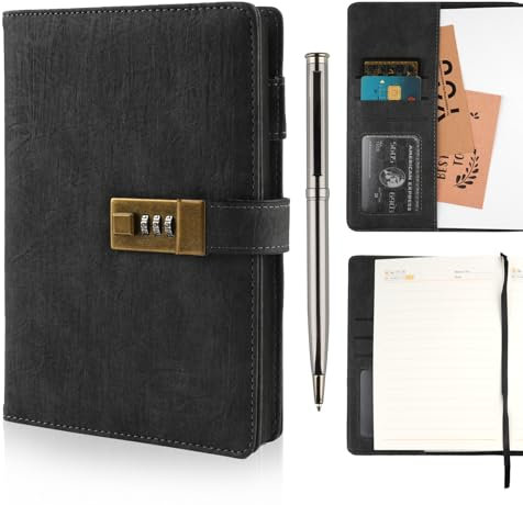 Moosono Tagebuch mit Schloss für Frauen und Männer, A5 PU Leder Notizbuch mit Code 240 Seiten, Tagebuch für Erwachsene mit Stift Set, Journal mit Schloss(21.5×14.7cm,Schwarz)