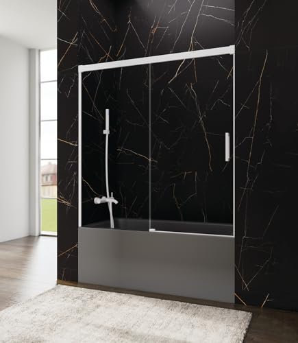 Paroi de douche avant | Verre de sécurité 6 mm | Paroi de douche pliable sans perçage | Profilé en aluminium en 2 finitions | Paroi de baignoire coulissante Transparent Blanc 165-170 cm
