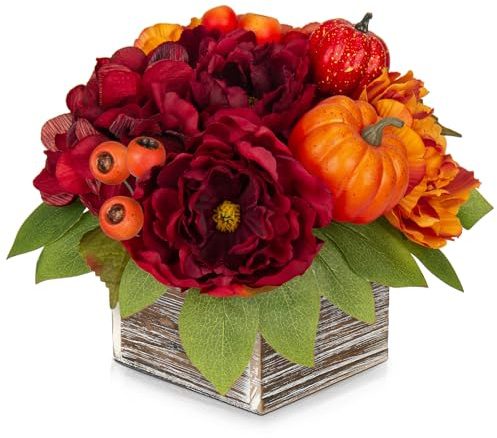 Oairse Herbstdeko Kunstblumen in Holzvase mit Herbstdeko Kürbis Herbstblätter, Herzstück für Herbsthochzeit, Herbst-Wohnkultur, Thanksgiving-Dekoration, Halloween Deko