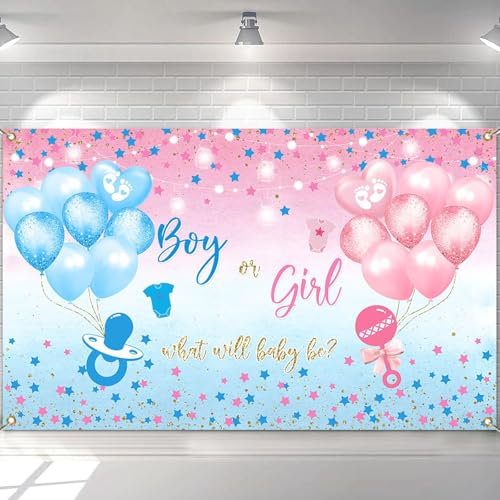 Avezano Gender Reveal Hintergrund Banner Junge oder Mädchen Banner Dekorationen Blau und Rosa Gender Reveal Hintergrund Banner Party Supplies 70,8 x 43,3 Zoll