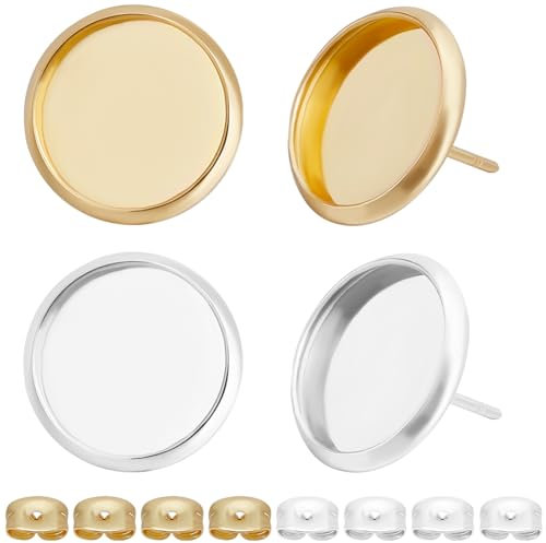 Beebeecraft 1 Box 60 Stück Cabochon Ohrstecker Rohlinge 18 Karat Gold Und 925 Sterling Silber Plattiert Flache Runde Ohrring Tablett Befunde Für Die Schmuckherstellung DIY Basteln