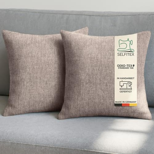 Selfitex 2er Set Sofakissen 40x40 cm, inkl. Füllkissen, gewebter Canvas Stoff, Matte & strukturierte Oberfläche, weiche Füllung aus PUR-Sticks, in Handarbeit hergestellt – Made in Germany (Hellbraun)
