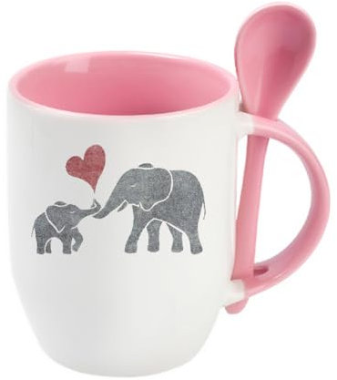 Giftme Heart Baby Elephant and Mum Elephant, Spoon Mug, Coffee, Tea Mug. (Pink)