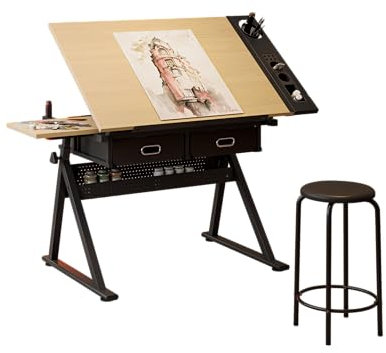 BouPower Höhenverstellbarer Zeichentisch, 0-75° Zeichentisch, Kunstschreibtisch für Erwachsene, neigbarer Tisch, Aquarellgemälde, Skizzierarbeitsplatz, mit 2 Schubladen und Hocker für Home Office