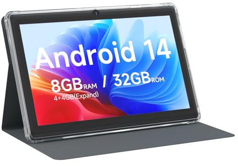 Android 14 Tablet 7 inch Tablets with Case, 8GB RAM 32GB ROM 1TB Expand, Quad-Core Processor Tablet PC, 1024 x 600 IPS Screen, Dual Camera, 3000mAh Battery, Bluetooth, WiFi, GMS, Widevine L1, Black