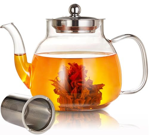BOWD Teekanne aus Glas, 1100 ml, Teekessel mit herausnehmbarem Teesieb, hitzebeständiges Borosilikatglas, perfekt für losen Tee, Herd und mikrowellengeeignete Teekanne