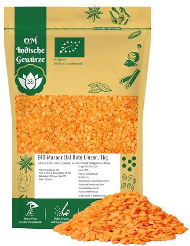 OmVeda Bio Rote Linsen 1 kg | Geschälte Getrocknete Berglinsen aus ökologischem Anbau | Mild-nussig & mehlig beim Kochen | Für Suppe, Püree, Eintopf, Aufstrich & Orientgericht | Vegan & Naturbelassen
