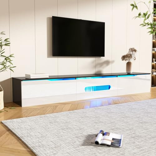 KOMHTOM Meuble TV avec 3 Portes et éclairage LED 16 Couleurs, Meuble de Salon Mural Meuble TV en Bois, 180 x 35 x 30cm (Blanc+ Noir)