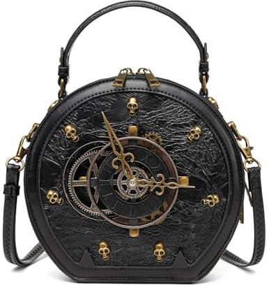 Generisch Gothic Handtasche, Vintage Kunstleder, Totenkopf-Design, Multifunktionale Umhängetasche mit Steampunk-Uhr-Motiv, Abnehmbarer Schultergurt, Schwarz (Zifferblattdesign im Vintage-Stil)