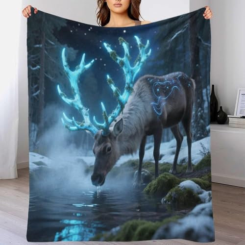 Bettüberwurf mit Hirschmotiv, 3D-Druck, Hygge-Mikrofaser, leicht, gemütlich, flauschig, warm, Tagesdecke, für alle Jahreszeiten, für Erwachsene, Paare, Couch/Sofa, 100 x 130 cm