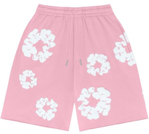 Kurze Hosen Herren Shorts Sommer Leicht Sportshorts Baumwolle Blumen Freizeit Hose Herren Kurz Laufhose Y2K Hip Hop Strandshorts mit Tasche(Rosa,M)