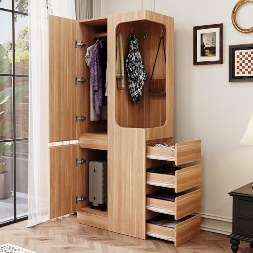EURHCIO Penderie Vetement 70×40×170cm,Armoire Chambre Penderie,Meuble Rangement Vetement avec 4 Tiroir Droite,4 Crochets,Tringle à Vêtements,2 Portes,pour Adultes,Enfants(F-Naturel)
