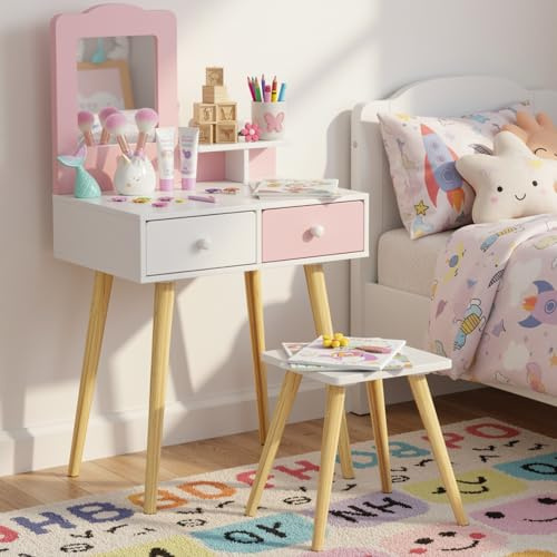 Clevich 2 in 1 Schminktisch Kinder Set, Prinzessin Frisiertisch mit Spiegel | Kinderschminktisch mit 2 Schubladen, Schreibtisch Holz mit Hocker, für Kinder von 3 bis 8 Jahren, Rosa