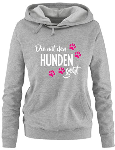 Comedy Shirts - Die mit den Hunden geht - Style1 - Damen Hoodie - Grau/Weiss-Pink Gr. M