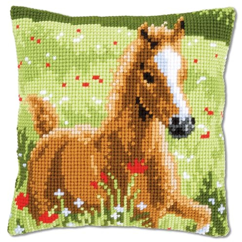 Vervaco Cross Stitch Cushion with Foal, Outlined Cross Stitch Kit Cushion Vorbeze Nice, Cotton, multicoloured, 40 x 40 x 0.3 cm