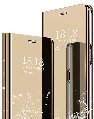 MLOTECH Funda Huawei P20 Pro,Funda Case + Cristal Templado Flip Clear View Translúcido Espejo Standing Cover Slim Fit Anti-Shock Anti-Rasguño Mirror 360°Protectora Cubierta Dorado