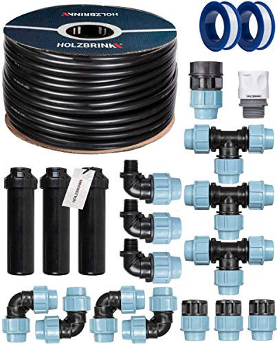 HOLZBRINK Start Set Bewässerungssystem Rasenbewässerung inkl. 30 m LDPE Verlegerohr 25 mm, 5x Versenkregner, HTB-11-5-30
