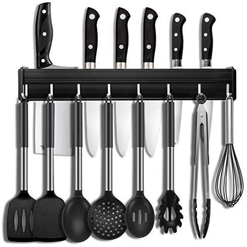 Barra con Colgador de Utensilios Cocina con 8 Ganchos Extraíbles Utensilios de Cocina del Soporte de la Pared con Empulgueras y Pegamento, Aluminio, 50cm/19.7in