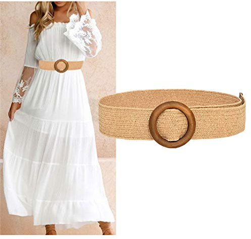 Ceinture en raphia de paille pour femme Ceinture tissée Ceinture élastique extensible Ceinture taille maigre tressée avec boucle de style en bois pour robe d'été Casual Beach Sandy Bohême Style Boho