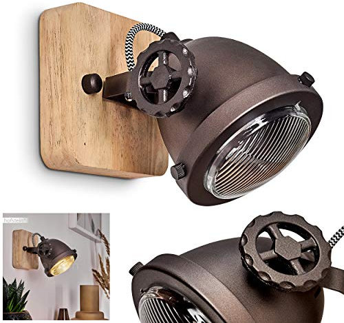 Wandleuchte Herford, verstellbare Wandlampe aus Metall/Holz/Glas in Schwarz-Braun/Natur, 1-flammig, 1 x GU10 Fassung, Wandspot im Retro/Vintage Design, ohne Leuchtmittel