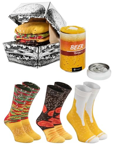Rainbow Socks - Damen Herren Lustige Food Truck Box Geschenk - 3 Paar - Burger Bier - Größen 36-40