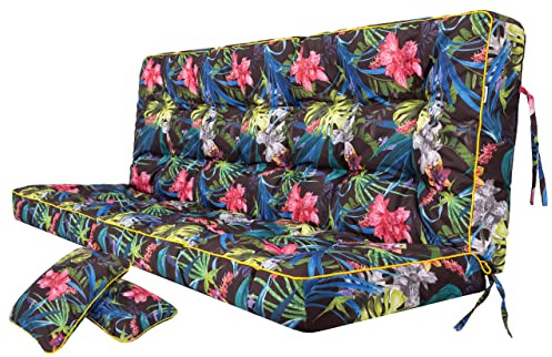 PillowPrim Kissen für Hollywoodschaukel Sitzkissen Bankkissen Bankauflage für Gartenbank Outdoor Indoor, Breite 100x49 cm und Rückenlehne 100x56 cm -Bunte Bläter