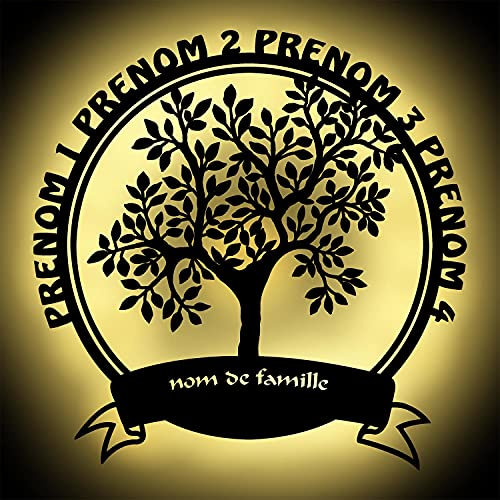 Veilleuse Led Murale Arbre De Famille Avec 4 Prénoms Et Le Nom De Famille Personnalisable – Décoration En Bois Gravé – Idée De Cadeau Pour Les Anniversaires, Noces De Mariages