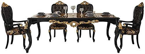 Casa Padrino Luxus Barock Esszimmer Set Braun/Schwarz/Gold - 1 Esstisch mit Tischplatte in Marmoroptik & 6 Esszimmerstühle - Prunkvolle Esszimmer Möbel im Barockstil